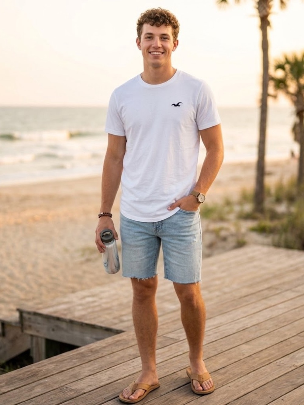 Hollister White Summer Graphic Cotton T-shirt Size Large